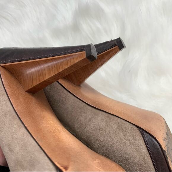 Fossil | Tan Suede Leather Peep Toe Pump Heels Size 9.5 Brown Open Toe Shoes - Picture 9 of 12